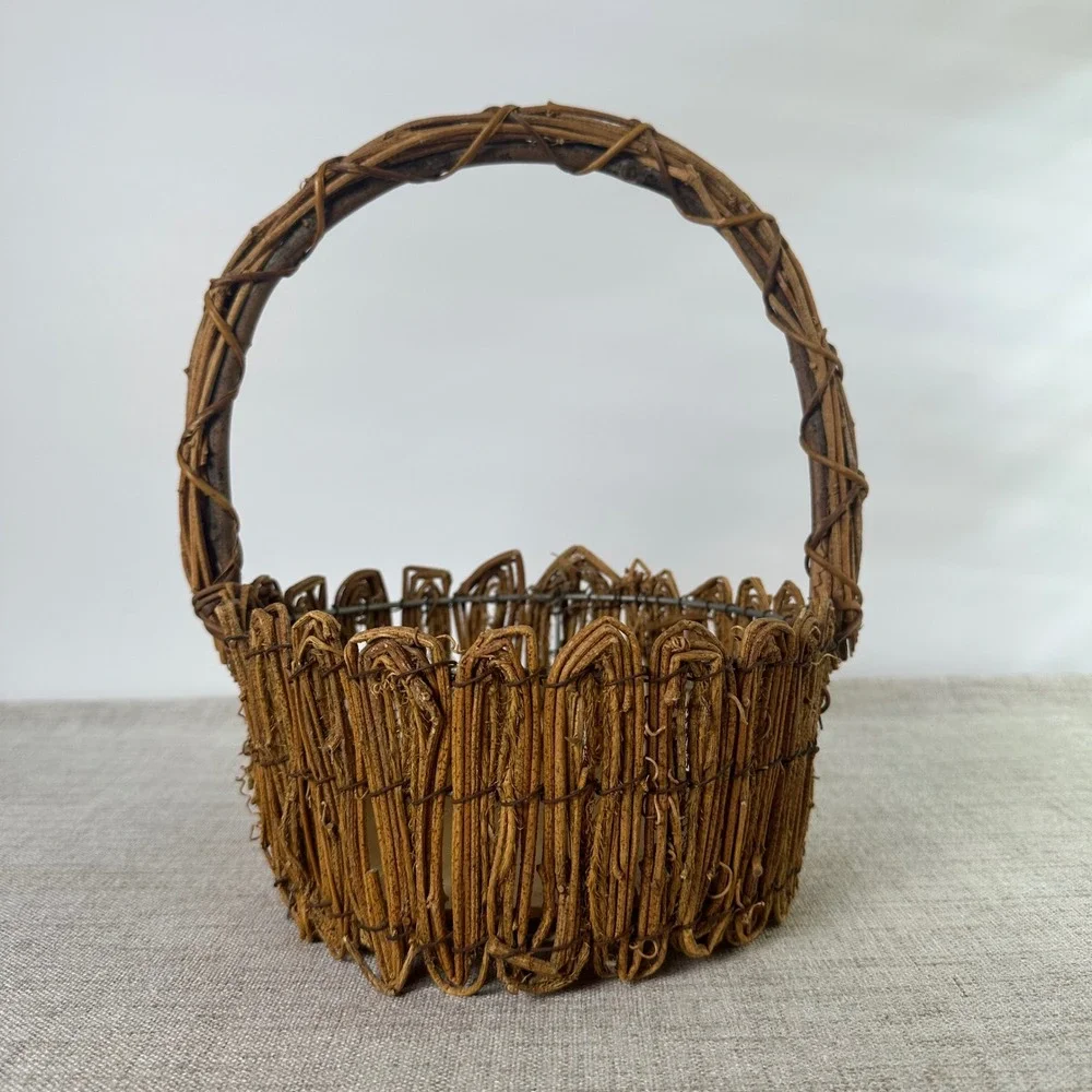 Rustic Handmade Twig Basket with Handle | Woven Gathering Basket | Cottage Decor